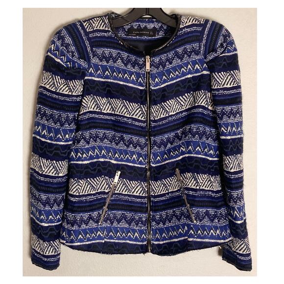Zara Blue Embroidered Jacket Upper West Side Marant Chic Sz L ~ Repair neckline - Picture 3 of 7